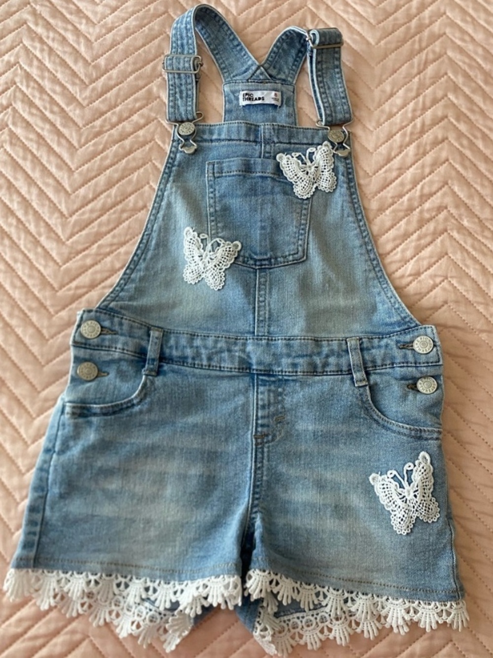 Epic Threads Light Blue Denim Butterfly Lace Short Overalls